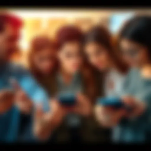 A group of people expressing dissatisfaction with a smartphone app on their devices, showing concerned faces and discussing changes such as age verification and editing features.