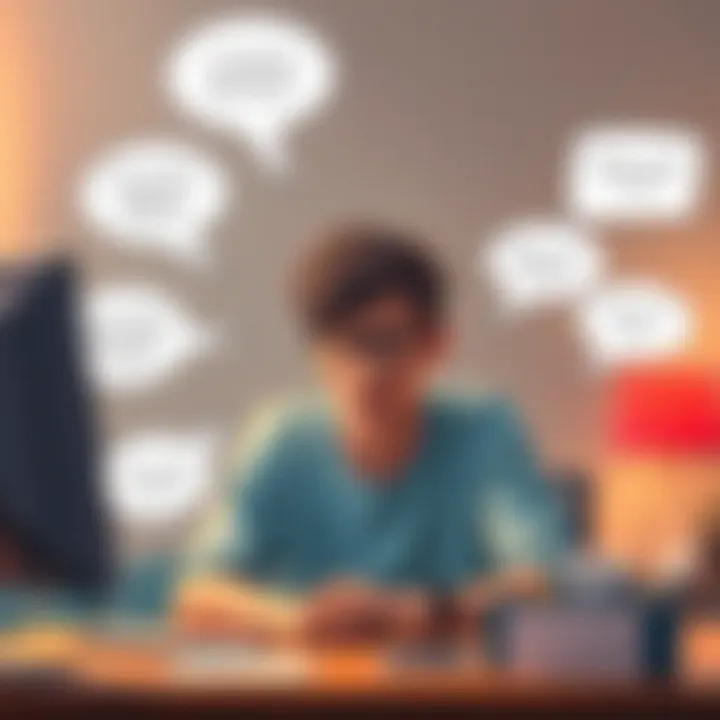 A person sitting in front of a computer showing frustration while using a chat service, with speech bubbles around indicating their thoughts on new filters.