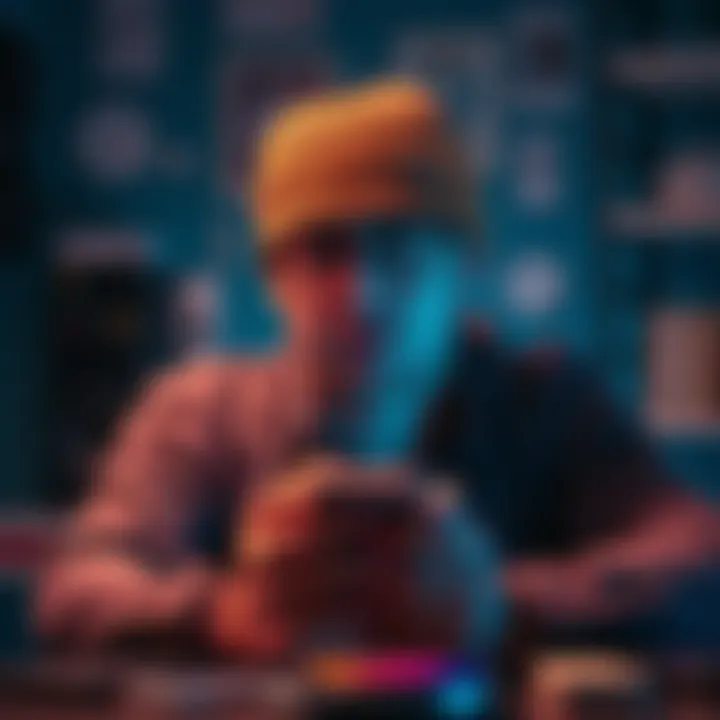 A person looking at their phone with a frustrated expression, surrounded by tech-related items.