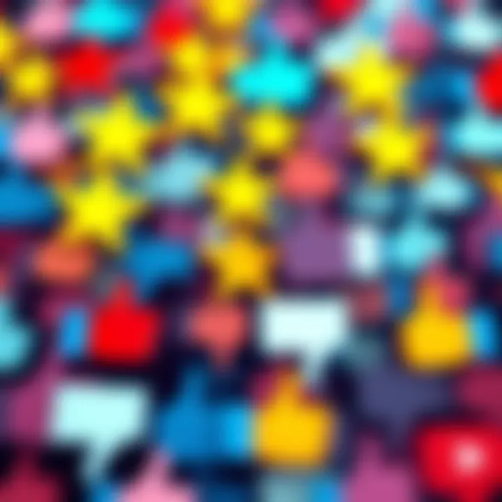 A collage of positive and negative app reviews, showcasing stars and thumbs up and down icons.