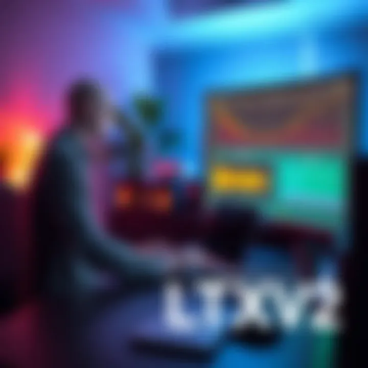 User Testing LTXV2 A person sitting at a desk using LTXV2 with a laptop, showing video and audio performance metrics.