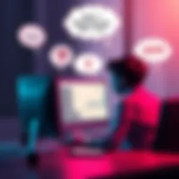 A person sitting at a desk, pondering over a computer screen with thought bubbles representing questions about GPT-5.3 and its features