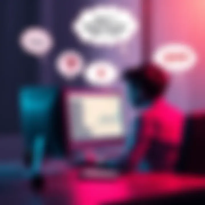 A person sitting at a desk, pondering over a computer screen with thought bubbles representing questions about GPT-5.3 and its features