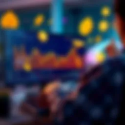 A person reviewing their token performance on a computer, showing a graph with fluctuations and celebrating gains, surrounded by digital currency symbols.