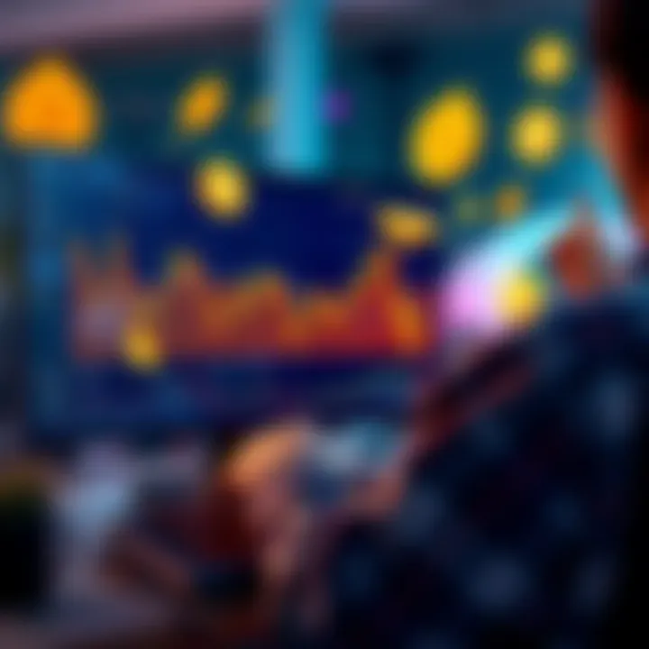 A person reviewing their token performance on a computer, showing a graph with fluctuations and celebrating gains, surrounded by digital currency symbols.