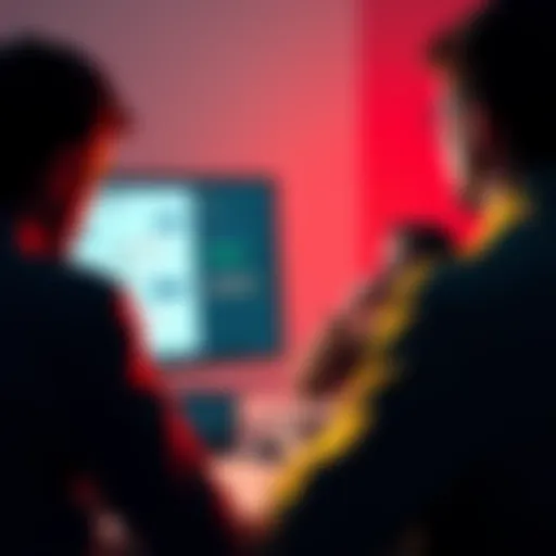 People looking at a computer screen showing an old chat interface, looking puzzled and frustrated