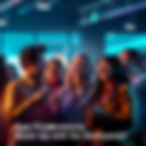 A group of people engaging in conversation about app performance problems, with some looking relieved and others frustrated.