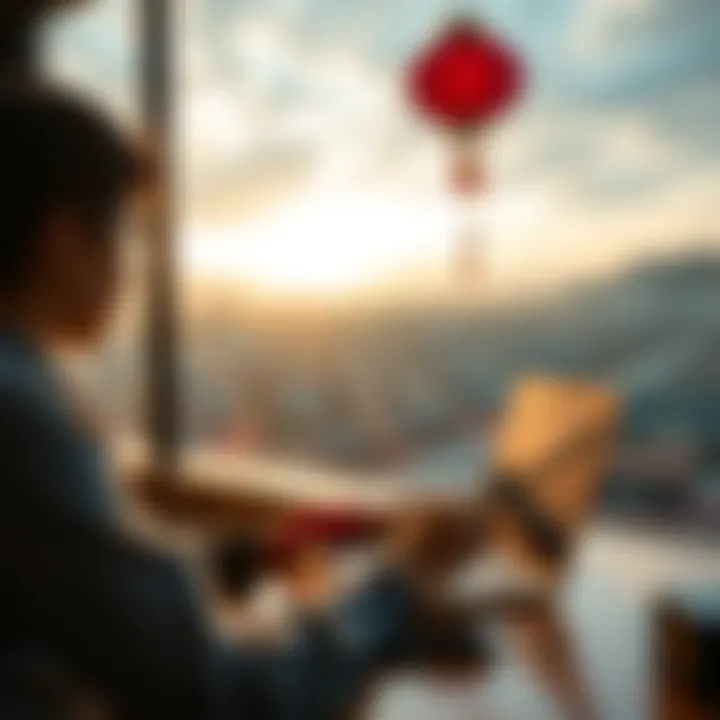 A person using a Mac mini laptop in a coffee shop in China, with a scenic view outside the window.