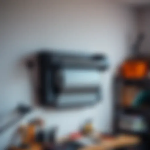 A Uunatek plotter securely hung on a wall, showcasing its setup in a compact space, with tools nearby for maintenance.