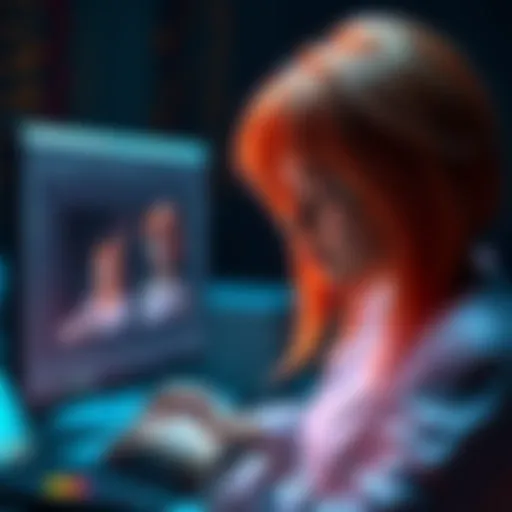 A digital artist working on UV unwrapping hair models on a computer, focusing on seam placement for a clear UV map.