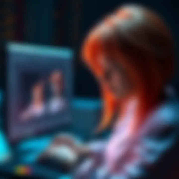 A digital artist working on UV unwrapping hair models on a computer, focusing on seam placement for a clear UV map.