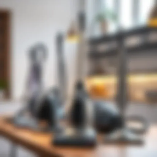 A selection of modern vacuum cleaners displayed for comparison on a table.