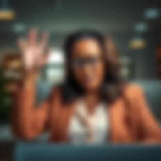 Valencia Wallace expresses concerns about stock ownership and surveys in a modern office, with a frustrated expression