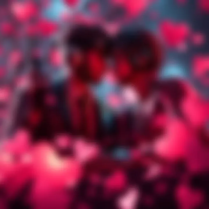 Colorful wallpaper featuring Johnny Silverhand and Arthur Morgan in a romantic gaming setting for Valentine's Day