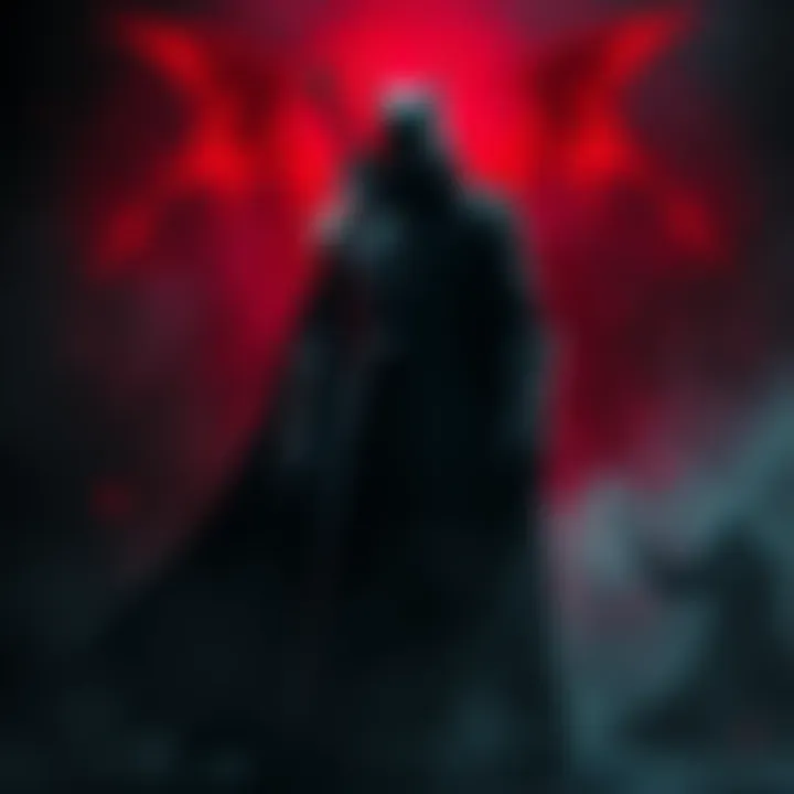 Vampire Lord with Dark Aura A powerful vampire lord in a dark cloak, standing with a commanding pose, surrounded by shadows, evoking authority and darkness.