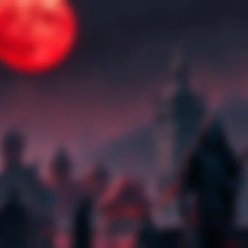 Art depicting a 16th century Eastern European village under a blood moon with vampire silhouettes