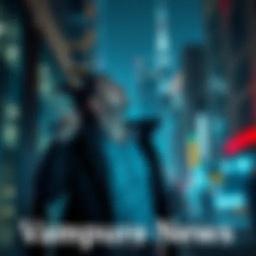 A vampire with modern clothing, standing in an urban environment, gazing at the city lights at night.