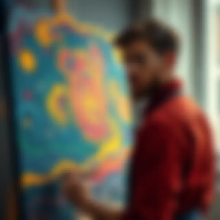 An artist painting with vibrant colors in Van Gogh's style, showing swirling brush strokes and bold patterns on a canvas.