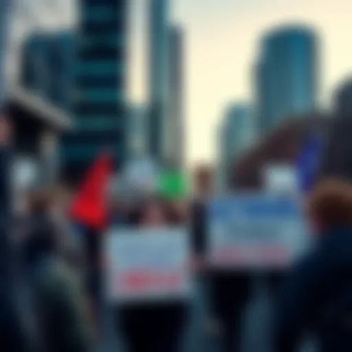 A crowd of activists holding signs about geothermal energy protests in Downtown Vancouver.