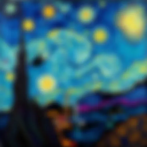 A painting in the style of Van Gogh featuring digital elements representing AI art, blending traditional art with technology