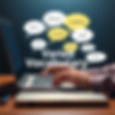 A person typing on a laptop with thought bubbles showing diverse phrases instead of repetitive ones.