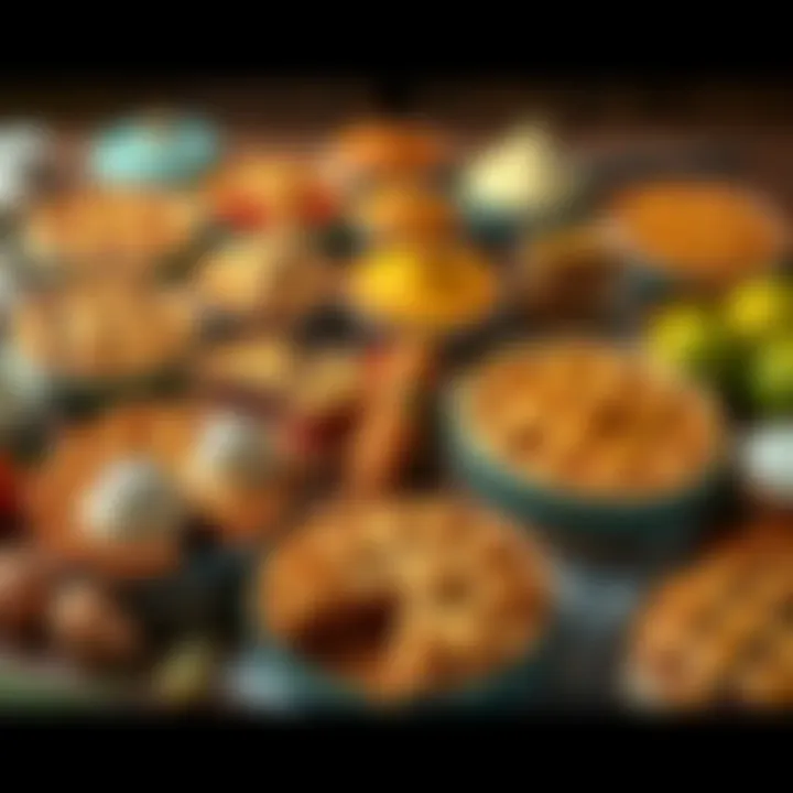 A colorful display of different types of pies, showcasing traditional and modern flavors, with ingredients around, inviting viewers to explore their history and significance.
