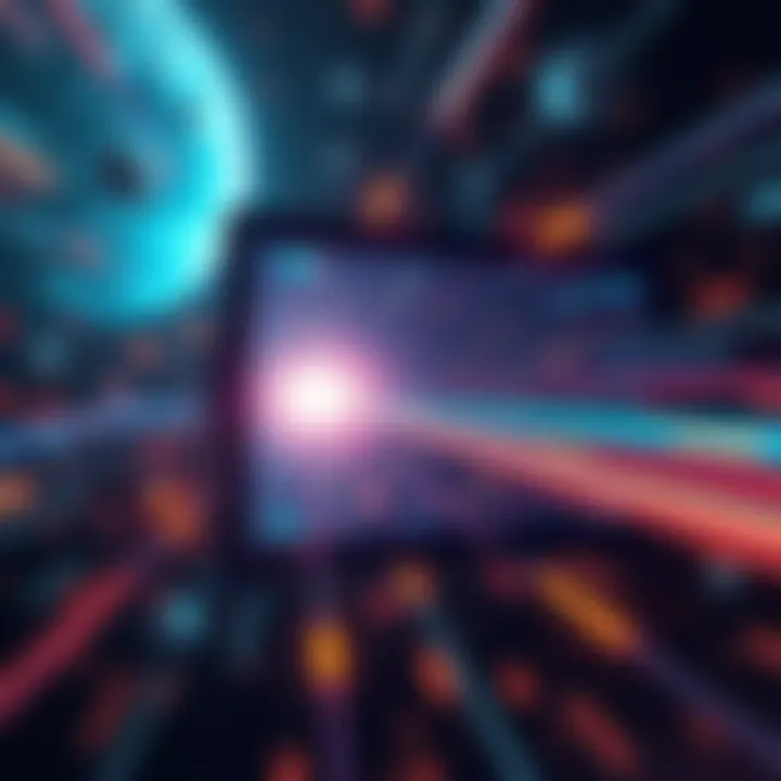 Vector display simulation in space A brightly lit old-school vector display screen showing the movement of an electron beam in slow motion, with elements of spaceflight graphics in the background.