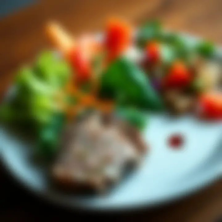 A plate showing a vibrant vegan meal alongside a small portion of meat, symbolizing the flexible vegan diet trend on Sundays.