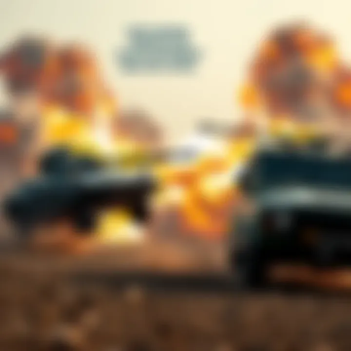 Two military vehicles engaging in combat with explosions in the background