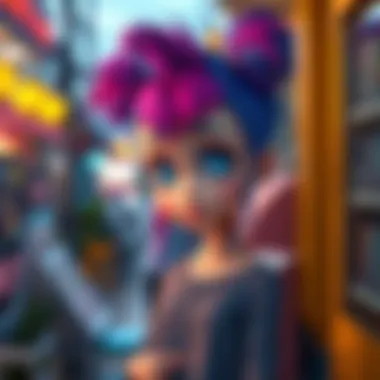 Velvet, a character with vibrant hair that changes colors, standing in a colorful setting.