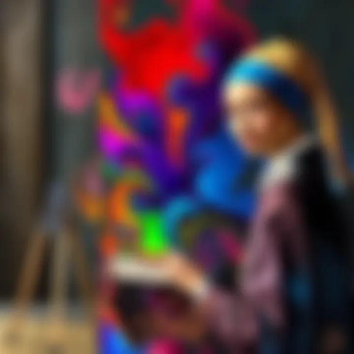 A vibrant art piece combining classical elements from Vermeer with contemporary styles inspired by Sora, showcasing a lively interaction of colors and techniques.