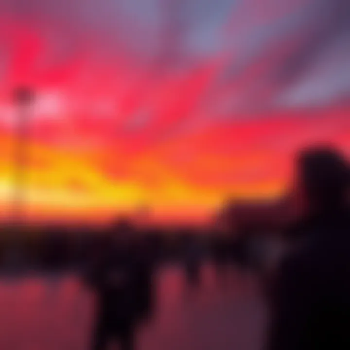 A vibrant sunset with shades of red and orange, representing the Vermilion Veil phenomenon, with people discussing its impact in the foreground.