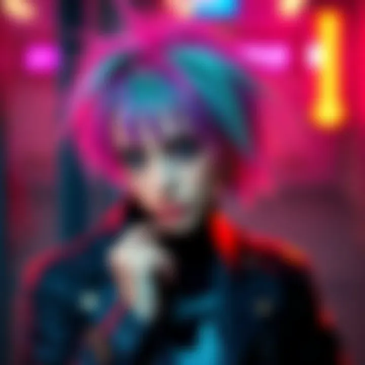 Vesper, a punk girl with vibrant hair and edgy clothing, confidently poses in a bold fashion statement.