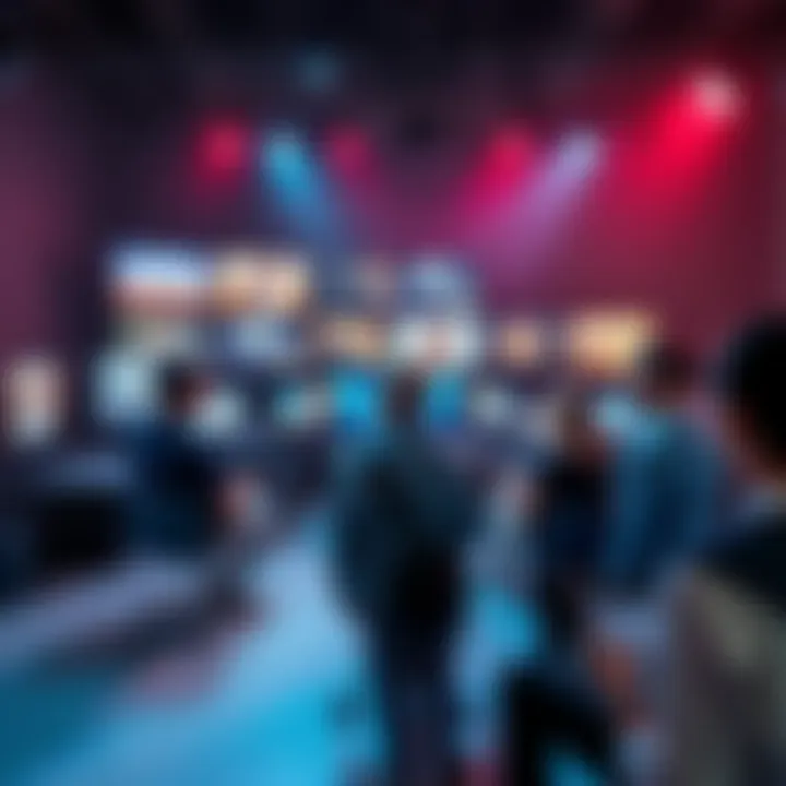 A group of visual effects artists discussing their work in a studio, surrounded by screens showing various effects