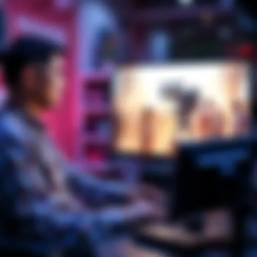 A VFX artist working on a computer, creating background characters for a film scene
