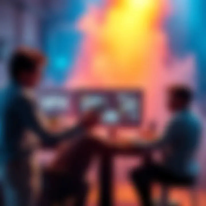 A group of creative individuals working together on film visual effects with a computer displaying footage