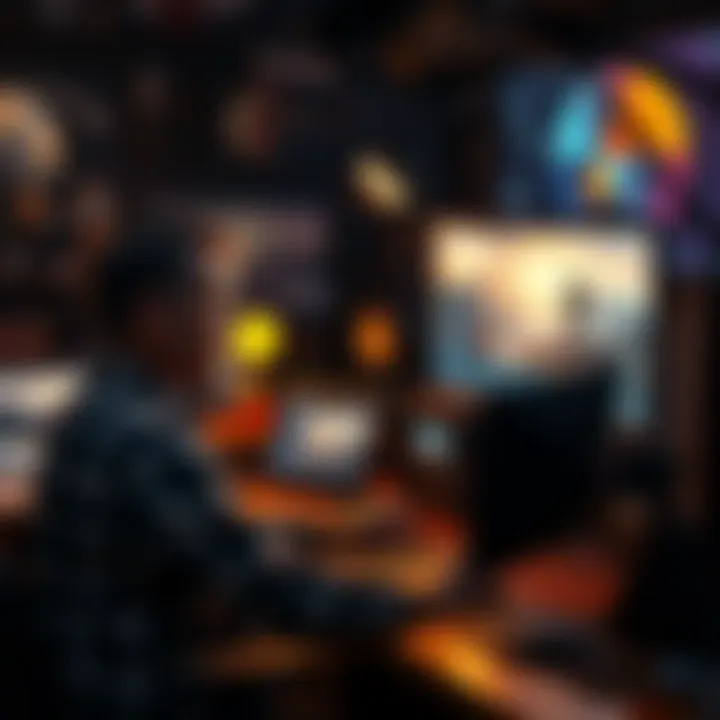 An artist at a computer screen creating visual effects for a film, surrounded by tools and software, showcasing creativity in film production.