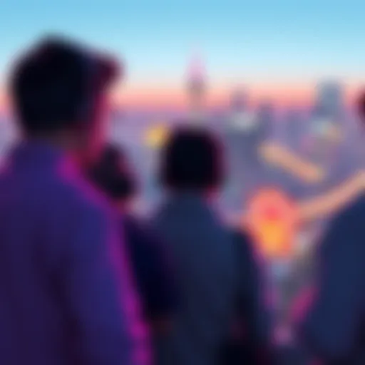 A group of people discussing Visual Effects job prospects in Los Angeles, with a city skyline in the background