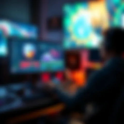 A student working on visual effects software with a bright screen and colorful graphics
