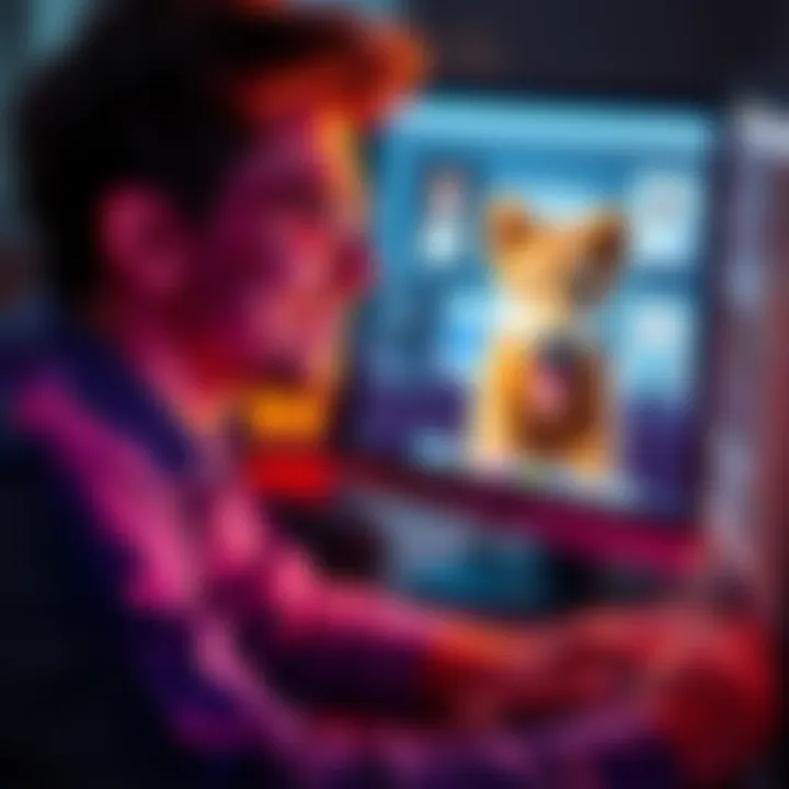 A junior VFX professional looks at their computer, smiling, with a goofy animal image as their work email profile picture.