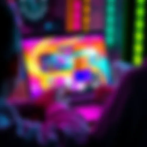 A person interacting with a colorful and dynamic website design on a laptop, showcasing vibrant colors and engaging elements.