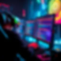 A game developer working on a computer with colorful graphics and code on the screen, surrounded by gaming elements.