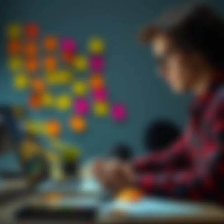 A person brainstorming with sticky notes and a laptop, focused on improving their creative project using vibe debugging methods.