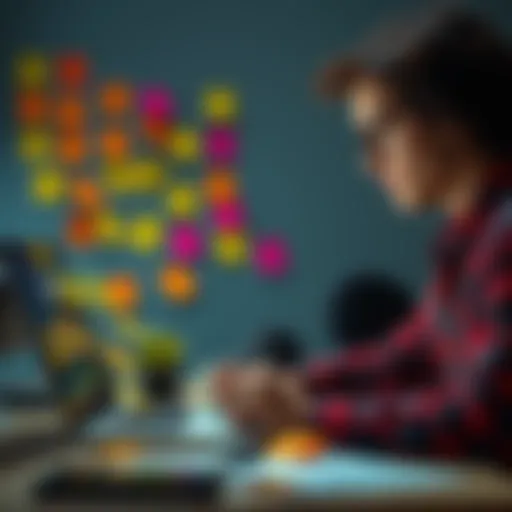 Vibe Debugging Techniques A person brainstorming with sticky notes and a laptop, focused on improving their creative project using vibe debugging methods.