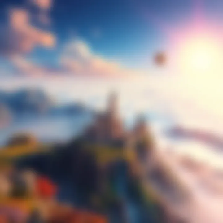 A colorful and detailed matte painting featuring a magical landscape with mountains, castles, and a bright sky.