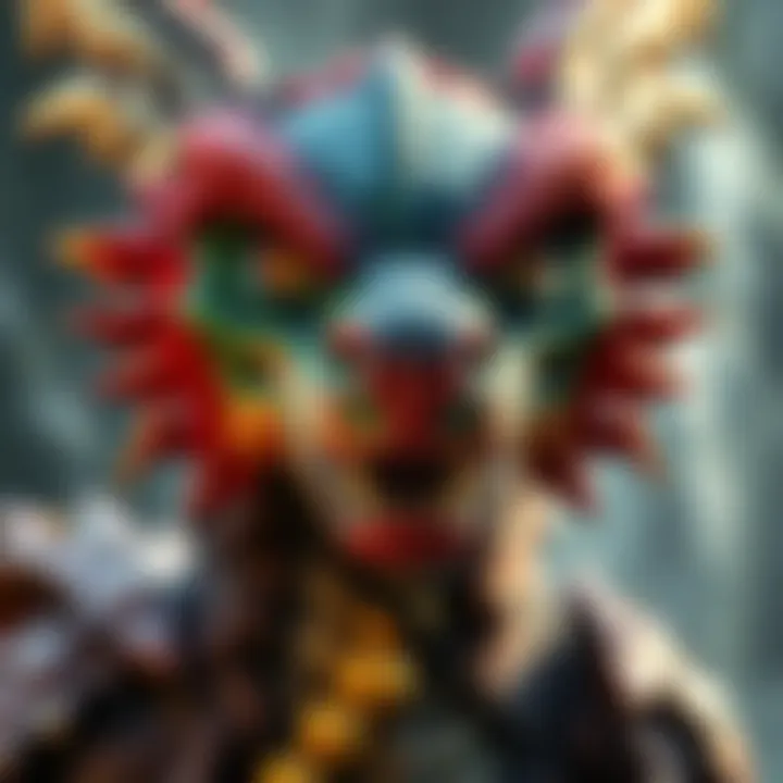 A striking Dragonborn character with colorful scales and fierce expression, set against a fantasy background