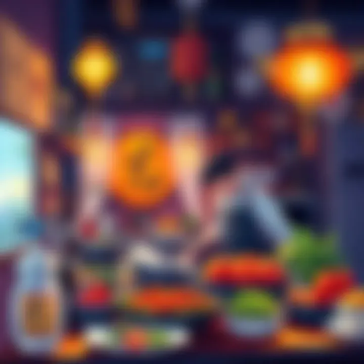 A colorful kitchen in a solarpunk setting, featuring a chef preparing food with vibrant ingredients and a singer nearby, creating a lively atmosphere.