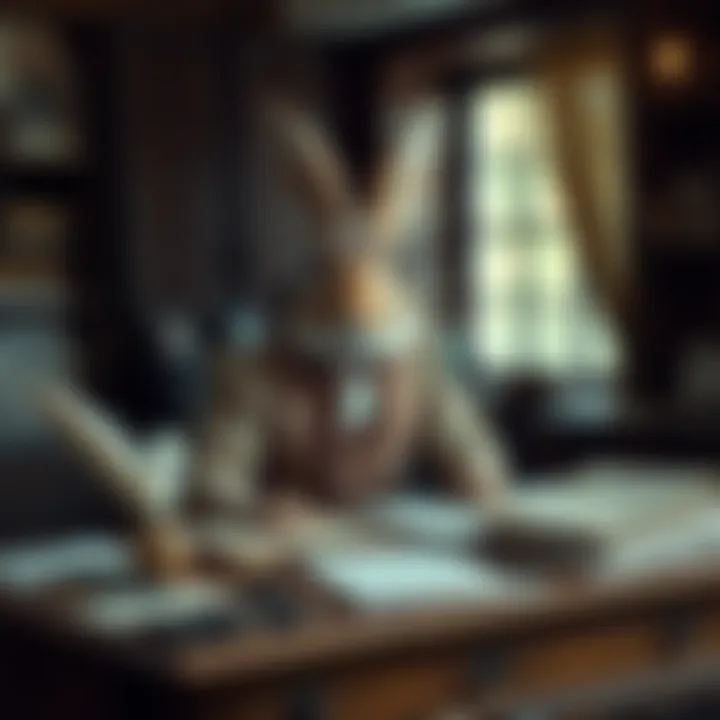 A Victorian Harengon clerk, resembling a rabbit in attire, sits at a wooden desk surrounded by papers and quills, showcasing a blend of creativity in their clerical work.