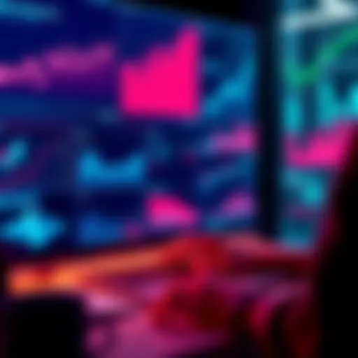 A person analyzing video performance metrics on a laptop, surrounded by graphs and charts illustrating views and engagement rates.