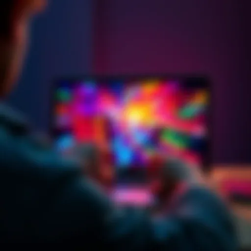 Video Aspect Ratio Adjustment A person adjusting the aspect ratio of a video on a laptop screen, with vibrant visuals appearing on the display.